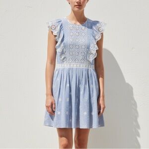 Sea Blue and White Eyelet Flutter Sleeve Embroidered Dress